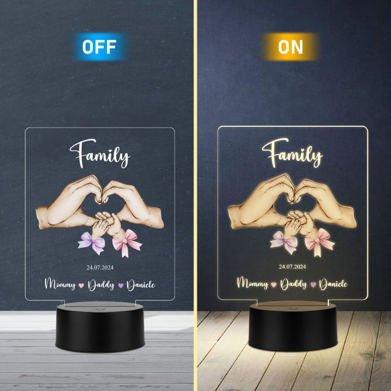 Personalized Family LED Night Light, Heart Hands Design, Customizable with Names and Date, Gift for Mom Dad Warm White Light